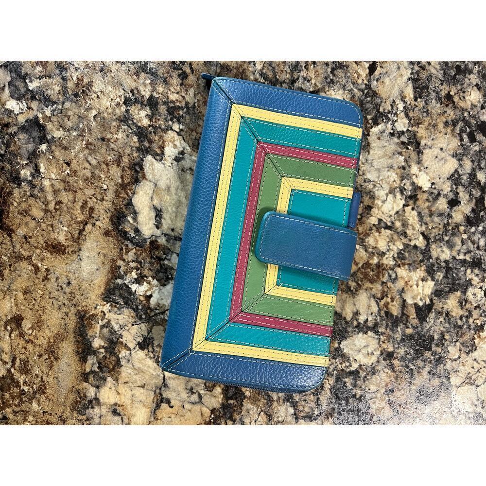 Leather ladies blue wallet with muti color detail on front